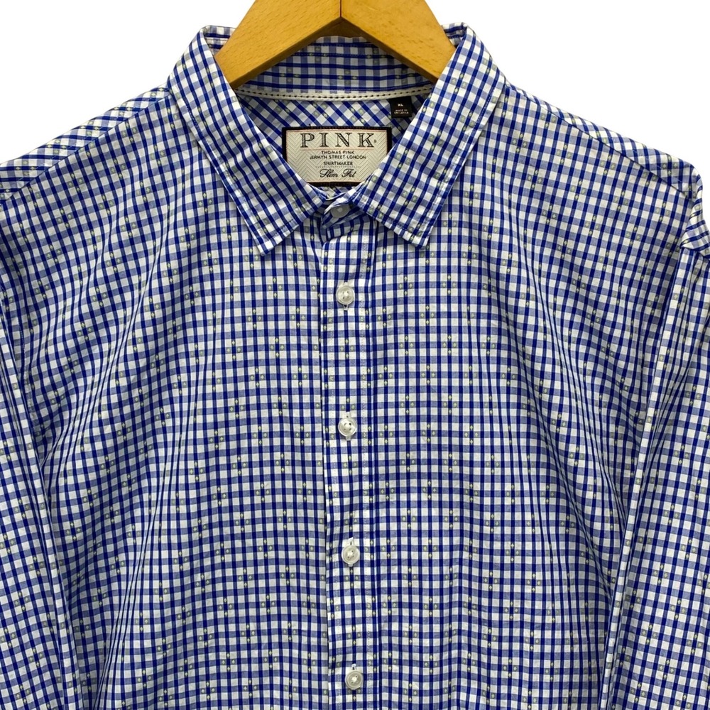 Thomas Pink Slim Fit Blue Gingham Geometric Cotton Shirt Mens XL Long Sleeve